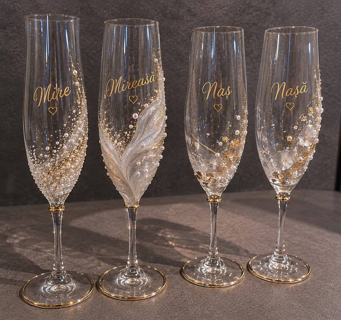 Pahare de nuntă personalizate „Mire, Mireasă, Naș, Nașă” – produs handmade Jeraima, lucrat manual pe comandă