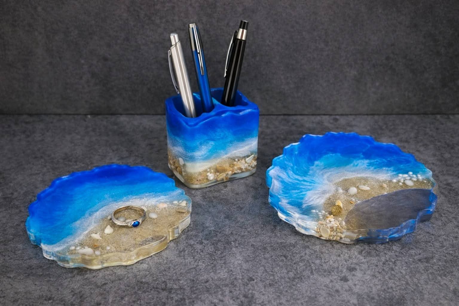 Set de birou „Ocean” — suport pixuri și tăvițe – produs handmade Jeraima, lucrat manual pe comandă